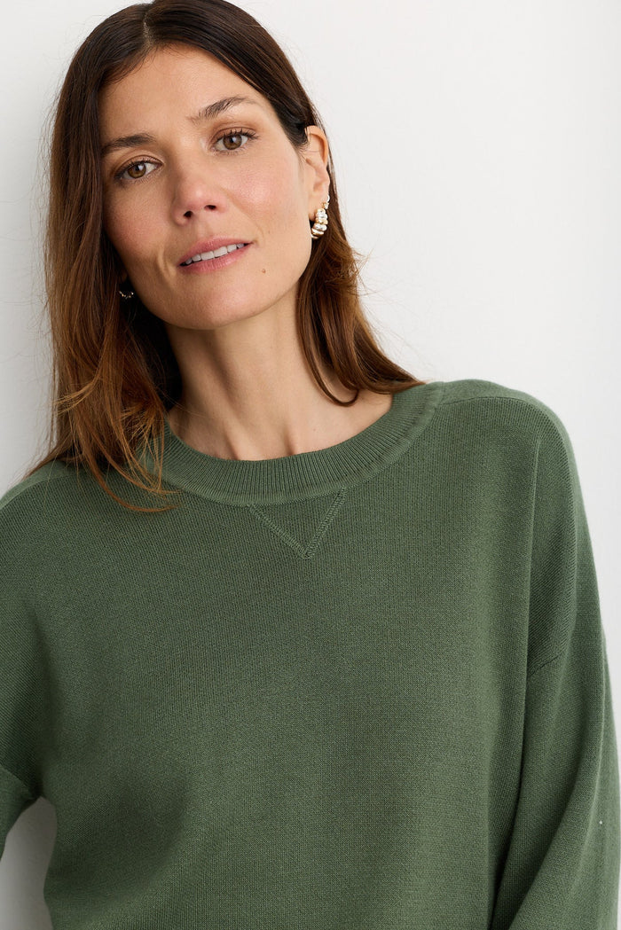 One Grey Day Warwick Pullover in Thyme, alternate view showing knit texture and neckline