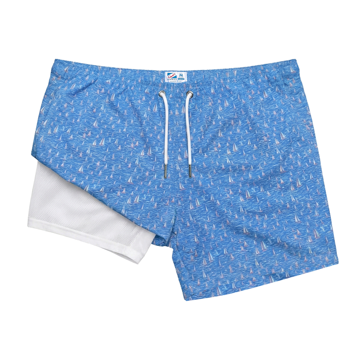 Original Swim Shorts with Compression Liner - Sailboats White