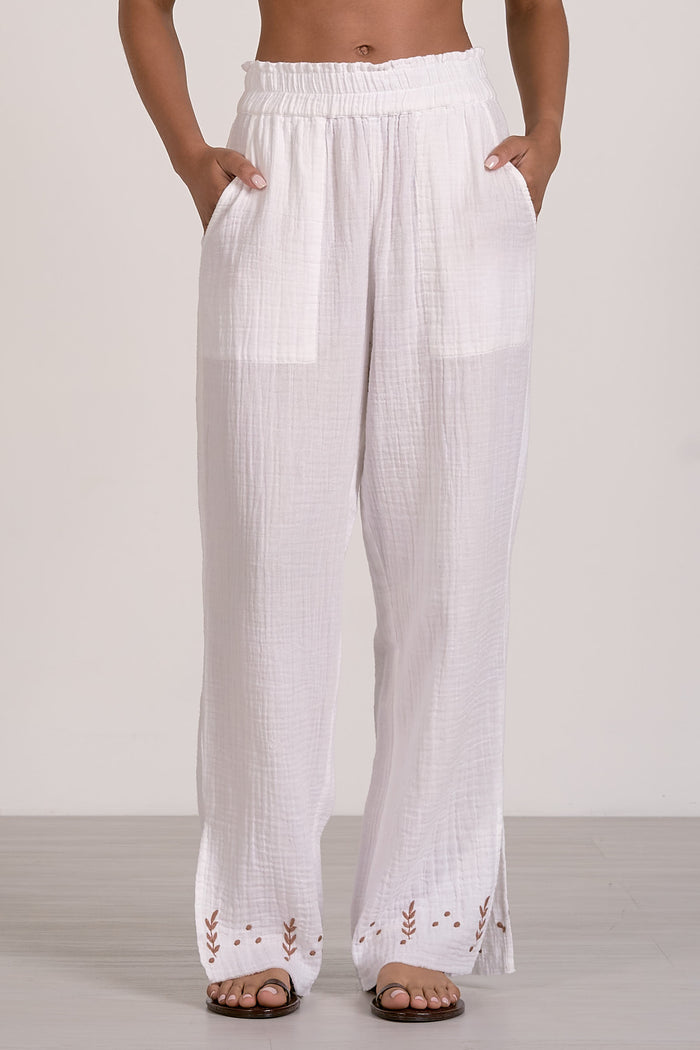 Pants with Embroidered Details - White