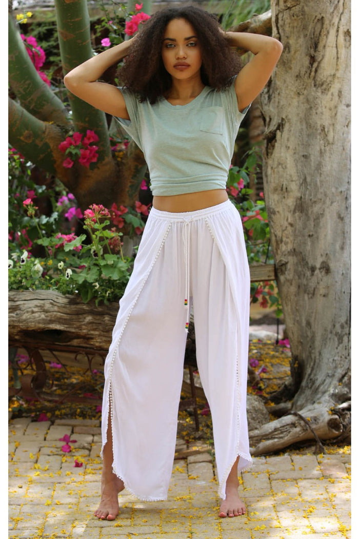 Pants with Ruffles and Tassel Drawstring - White