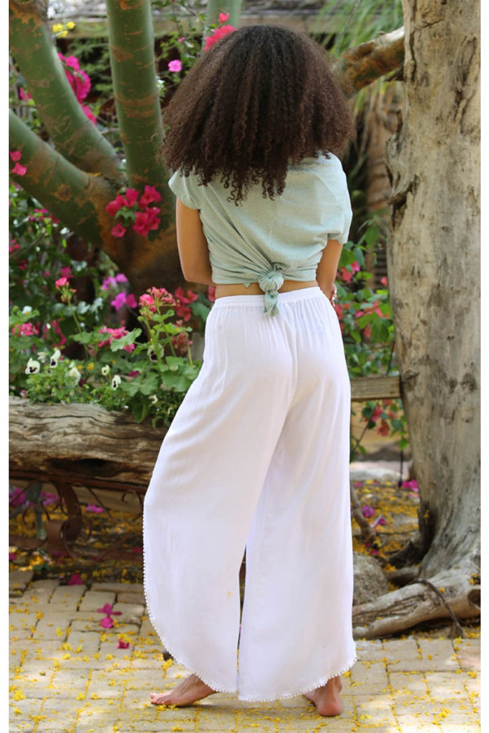 Pants with Ruffles and Tassel Drawstring - White