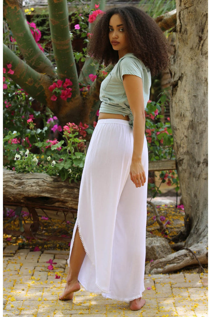 Pants with Ruffles and Tassel Drawstring - White