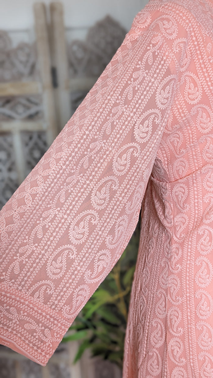 Peach Chikankari A-Line Kurti Sizes 8-22