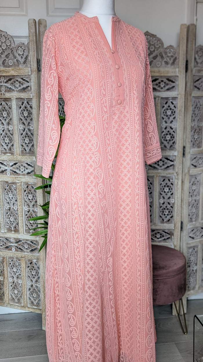 Peach Chikankari A-Line Kurti Sizes 8-22