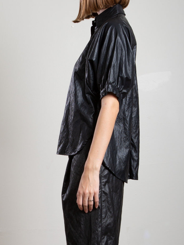 Pharaoh Claude Shirt in Faux Leather, Black, alternate view showing sleeve volume