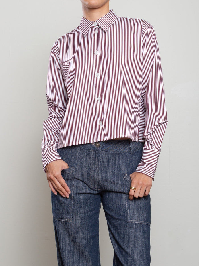 Pharaoh Enzo Shirt in Striped Poplin, Bordeaux, front view on model