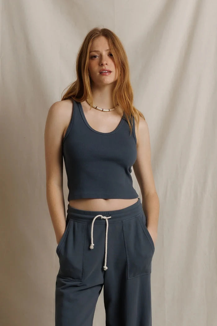 perfectwhitetee Blondie rib tank in Turbulence, shown on model