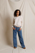 perfectwhitetee Ziggy inside out fleece crewneck sweatshirt in Whitecap Grey, shown on model