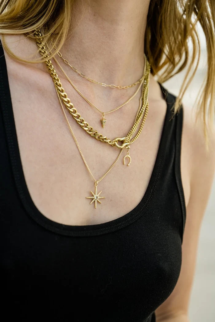 Rachel Nathan Art Deco Drop mini necklace shown on model
