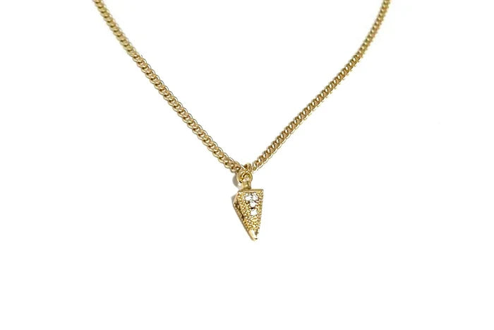 Rachel Nathan Art Deco Drop mini necklace, full front view of the gold-filled pave Art Deco drop on gold-filled curb chain