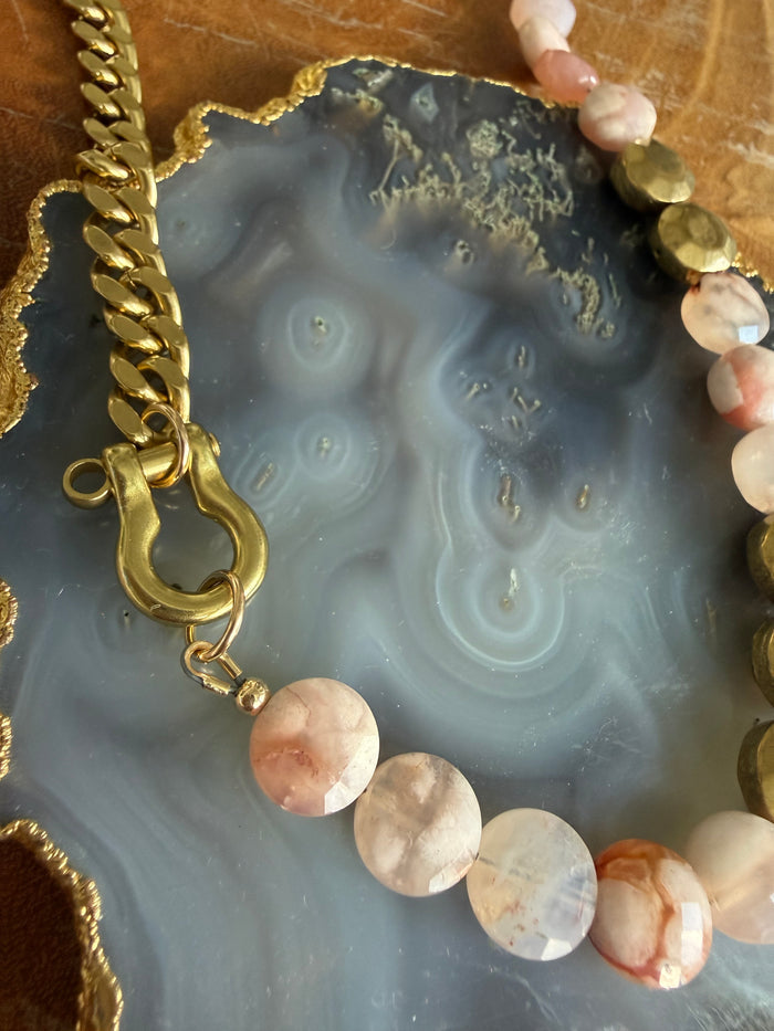 Rachel Nathan Beaded Shackle Single Cherry Blossom Agate Coin Necklace