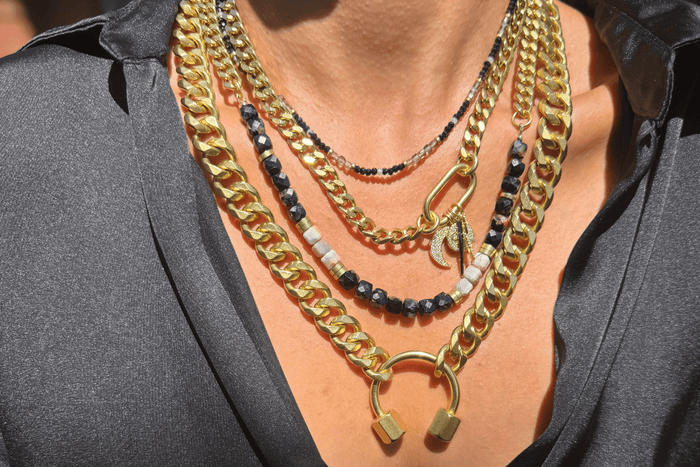 Rachel Nathan Black Tourmaline & Pink Botswana Agate Curb necklace shown on model