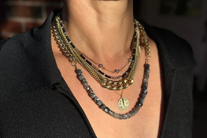 Rachel Nathan Labradorite & Larvikite necklace shown on model