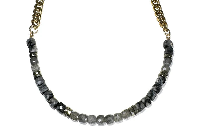 Rachel Nathan Labradorite & Larvikite necklace, full front view of iridescent labradorite and gray larvikite cubes with pyrite heishi