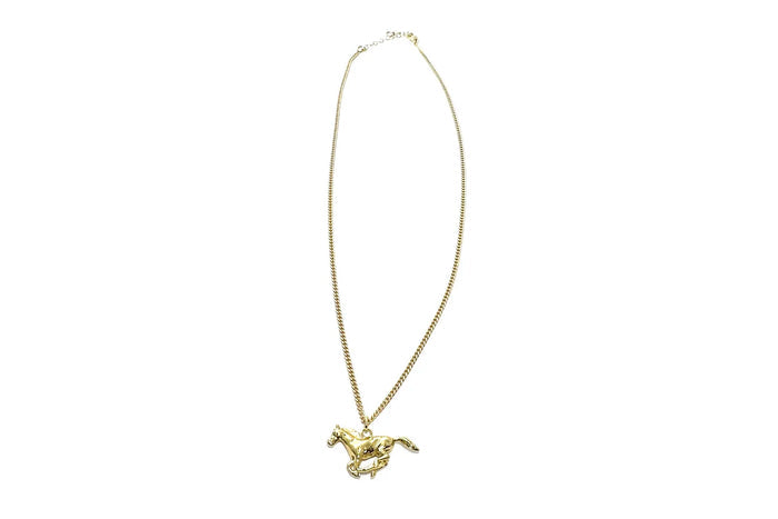 Rachel Nathan Lone Ranger necklace, full front view of the gold-filled horse pendant on gold-filled curb chain