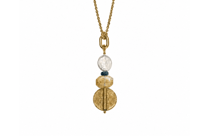 Rachel Nathan Long: Pearl, Topaz and Dendritic Quartz necklace, full front view with freshwater pearl coin and Indian brass medallion on oval brass chain