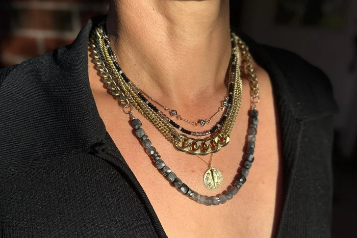 Rachel Nathan Mini Beaded Spinel & Iced Obsidian necklace shown on model