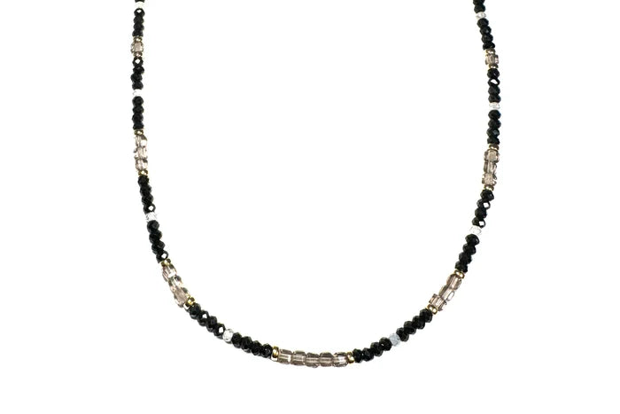 Rachel Nathan Mini Beaded Spinel & Iced Obsidian necklace, full front view of fine dark spinel and obsidian cubes with gold-filled rondelles