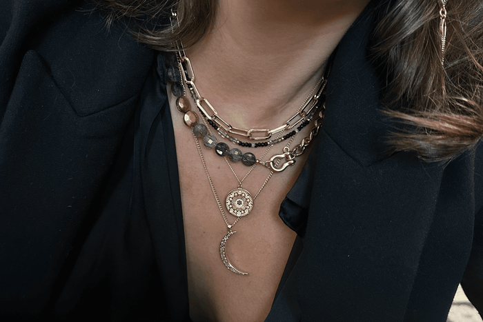 Rachel Nathan Mini Beaded Spinel & Iced Obsidian necklace shown on model, layered