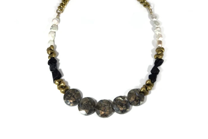 Rachel Nathan Nipomo Marcasite, Pearl and Spinel necklace, full front view with Keishi pearls and faceted marcasite