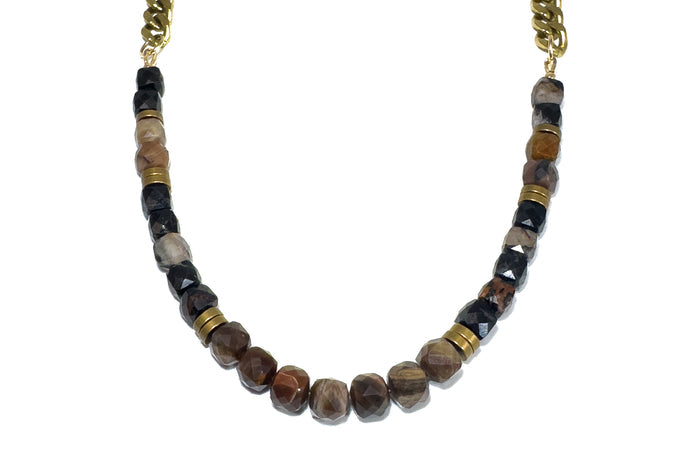 Rachel Nathan Petrified Wood & Tourmaline necklace, full front view of faceted petrified wood and black tourmaline cubes on brass curb chain