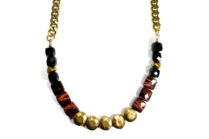 Rachel Nathan Red Tiger's Eye & Brass Sand Dollar necklace, full front view of faceted red tiger's eye cubes with Indian brass sand dollar beads on brass curb chain
