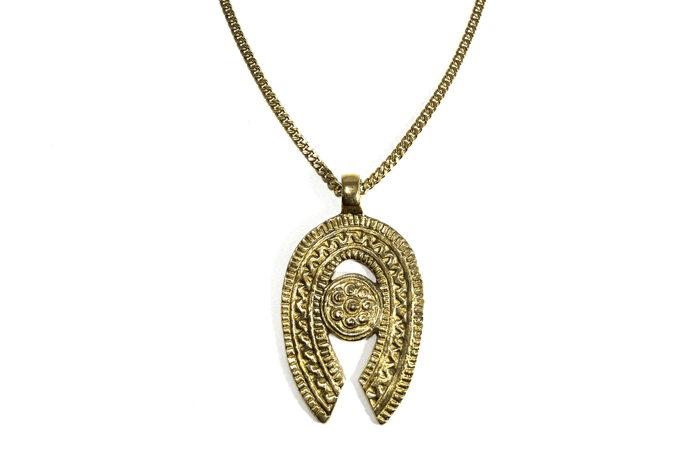 Rachel Nathan Rowdy necklace, full front view of the large Indian brass medallion on brass Perfect Curb chain