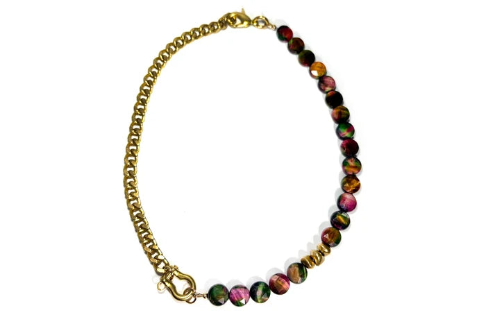 Rachel Nathan Shackle Single: Rainbow Tiger's Eye Coin necklace, alternate full view