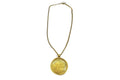 Rachel Nathan Shield necklace, full front view of the Indian brass shield medallion on brass Perfect Curb chain