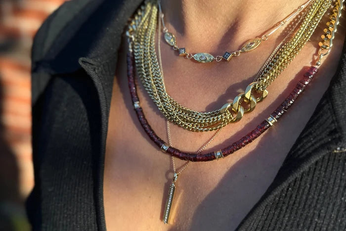 Rachel Nathan The Link: For Play necklace shown on model, layered