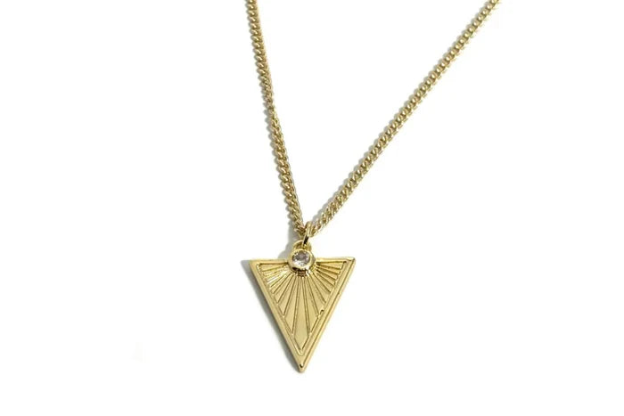 Rachel Nathan Triad necklace, full front view of the gold-filled inverted triangle pendant on gold-filled curb chain