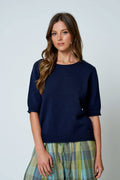 RAW EDGE HALF SLEEVE SWEATER KNIT TOP