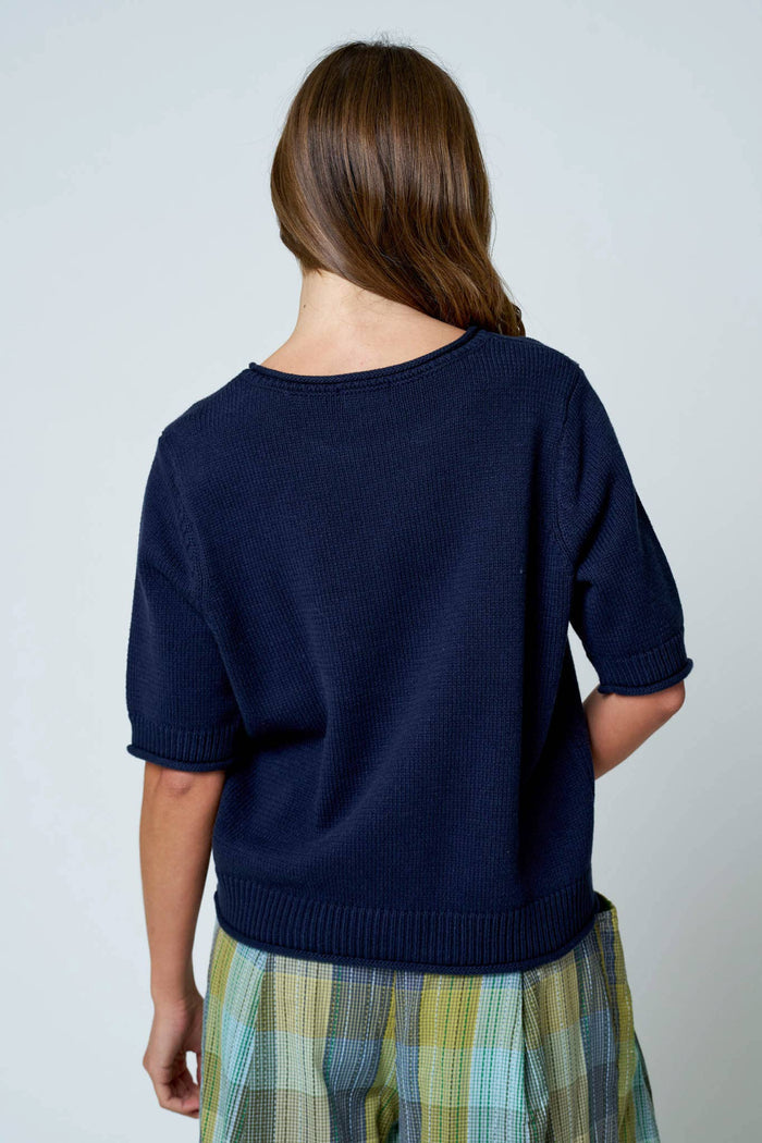 RAW EDGE HALF SLEEVE SWEATER KNIT TOP