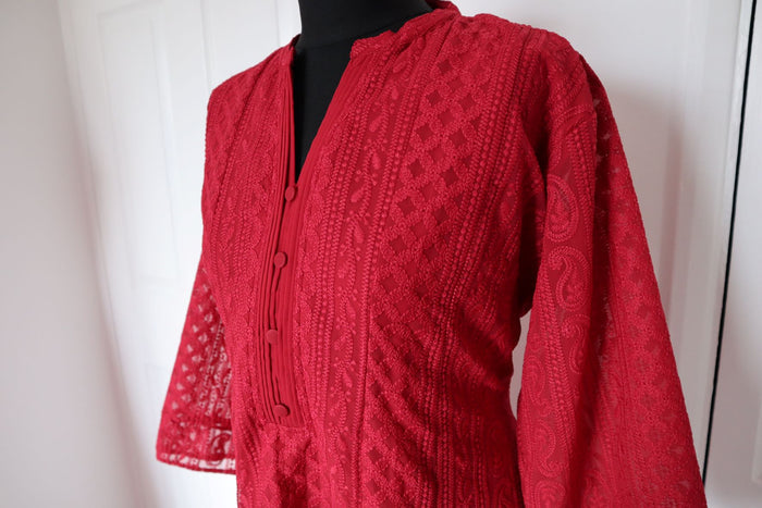 Red Chikankari A-Line Kurti Sizes 8-22