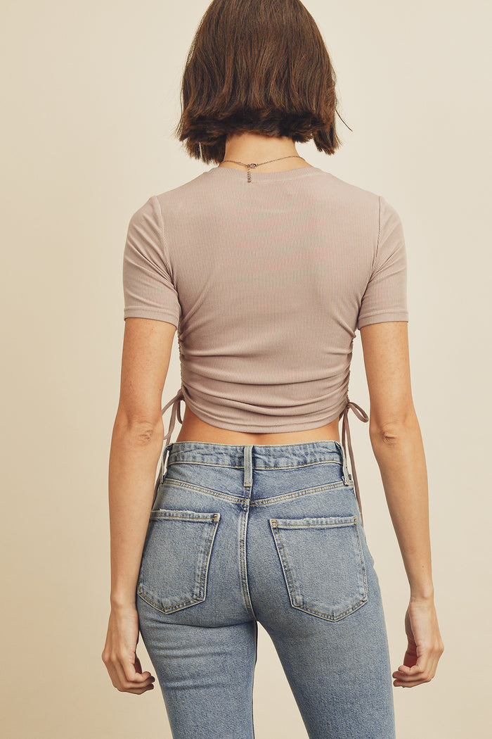 Ribbed Knit Drawstring Ruched Short Sleeve Tee - Mauve