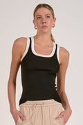 Ribbed Tank Top with Contrast Trim - Black and White