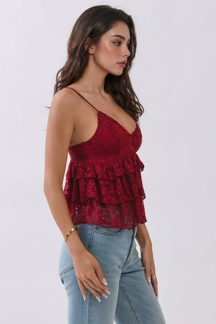Ruby-PLUNGING TIERED LACE BABYDOLL CAMI TOP