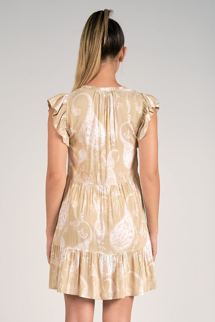 Ruffle Sleeve V-Neck Tiered Mini Dress - Taupe