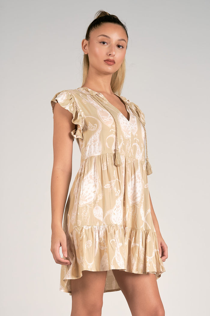 Ruffle Sleeve V-Neck Tiered Mini Dress - Taupe