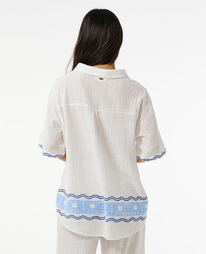 Santorini Sun Printed Short Sleeve Button-Down Shirt - Blue