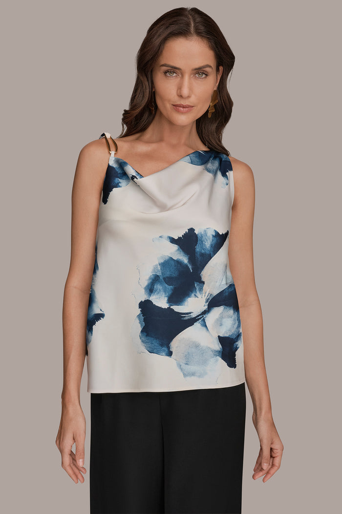 SATIN FLORAL COWL-NECK CUTOUT SHOULDER CAMI