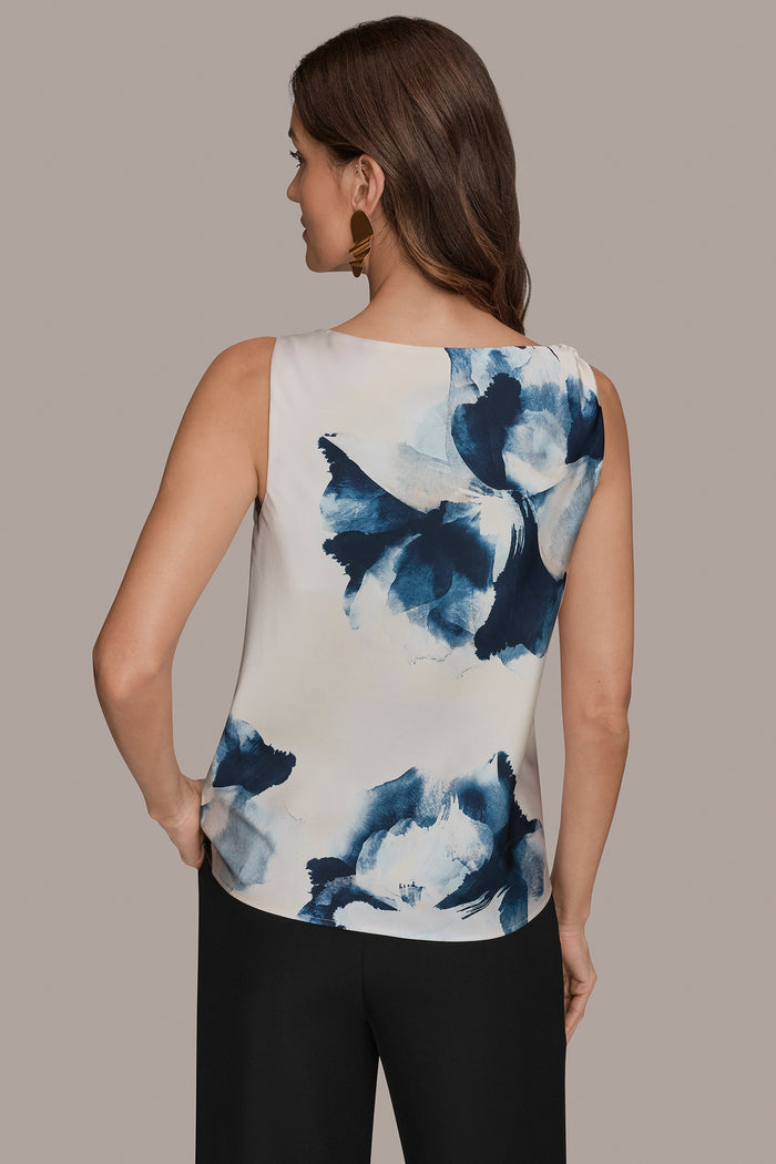 SATIN FLORAL COWL-NECK CUTOUT SHOULDER CAMI