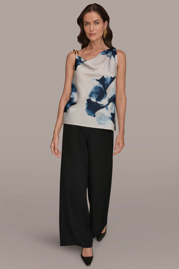 SATIN FLORAL COWL-NECK CUTOUT SHOULDER CAMI