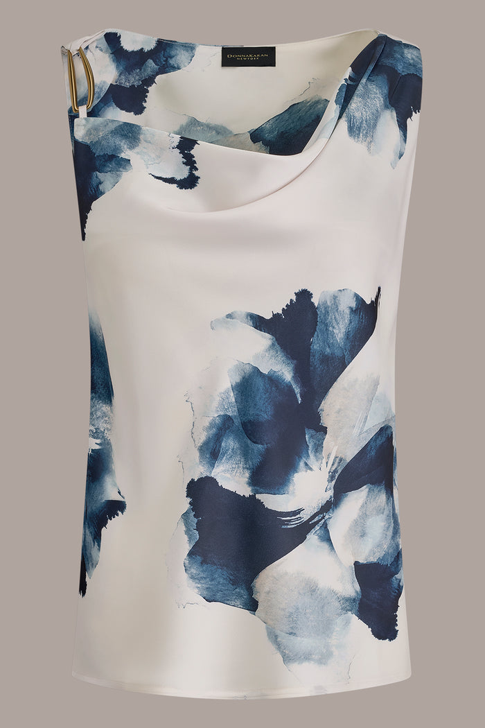 SATIN FLORAL COWL-NECK CUTOUT SHOULDER CAMI