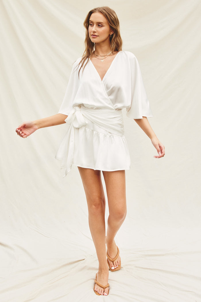 Satin Flutter Sleeve Romper - Off White