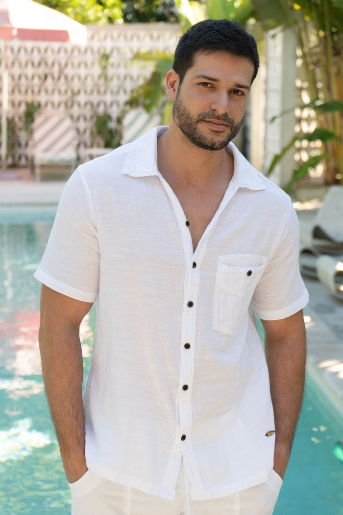 Short Sleeve Button-Down Shirt with Button Pocket - White