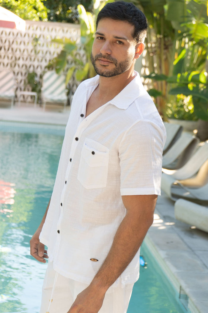 Short Sleeve Button-Down Shirt with Button Pocket - White