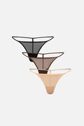 Three sheer mesh g-string panties in black, brown, and nude beige, stacked vertically on a light gray background.