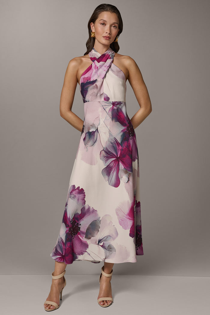 SLEEVELESS CROSS-FRONT MIDI A-LINE HALTER DRESS