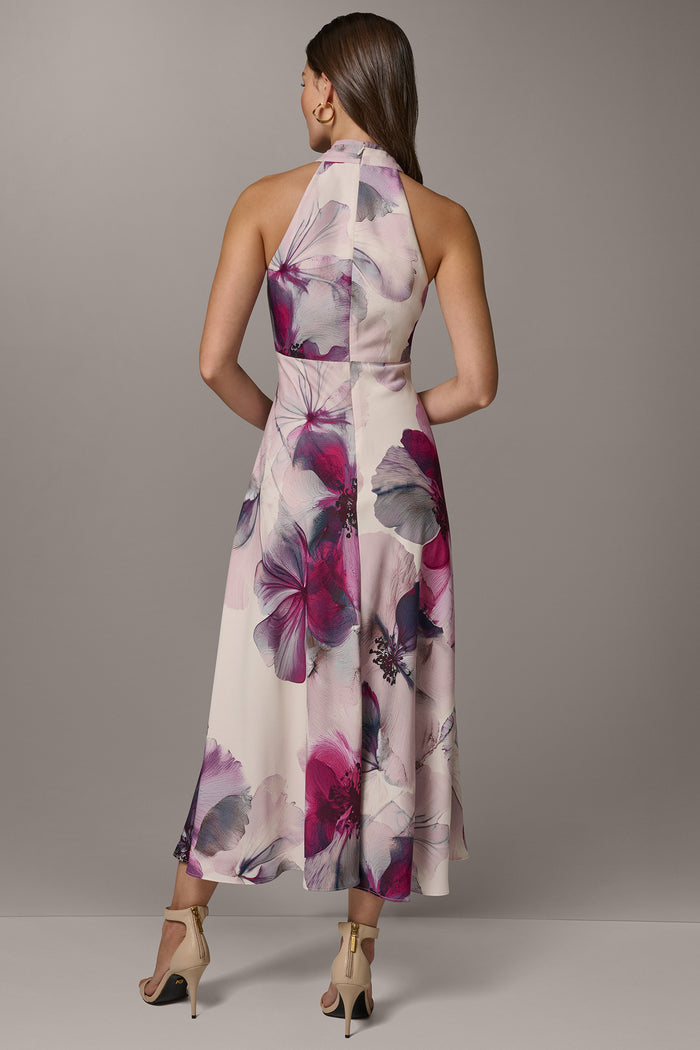 SLEEVELESS CROSS-FRONT MIDI A-LINE HALTER DRESS